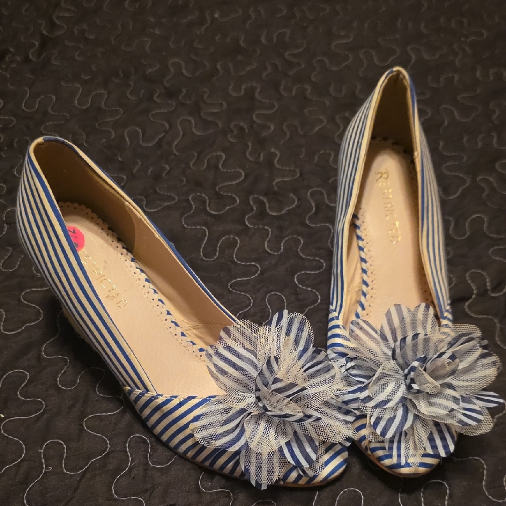 Blue and White Striped Peep Toe Wedge  Women's Shoes Size 8.5